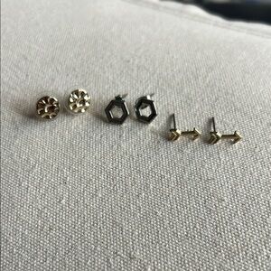 Stud earrings-silver plated hexagon, gold plated hammered circles and arrows